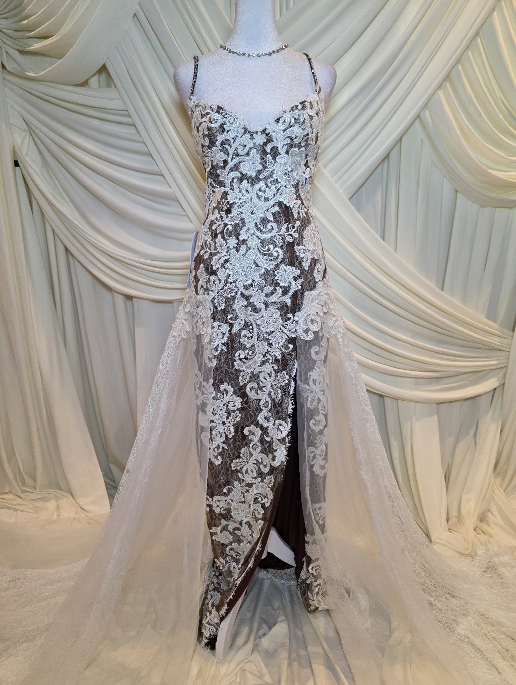 Ivory Lace Overlay Evening Dress With Chocolate Slip